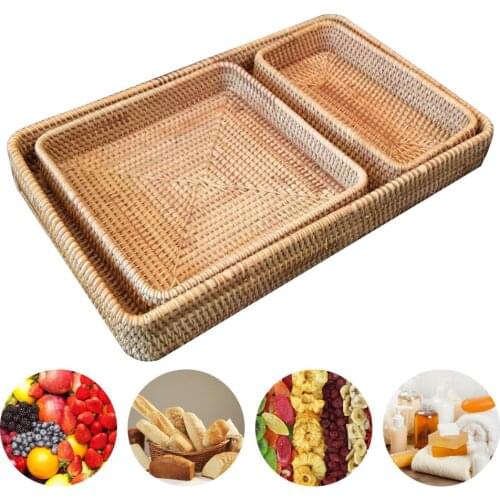 3PCS/Set Rattan Woven Storage Tray Rectangle Serving Tray Organizer For Desktop Vegetable Fruit Snack Dried Fruit Storage