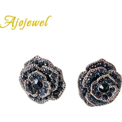 Ajojewel Blue Rhinestone Rose Flower Vintage Earrings Women Retro Ear Stud Earring Chic Jewelry Wholesale Drop Ship