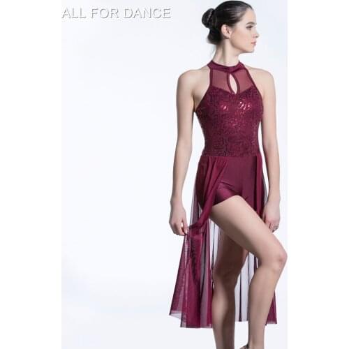 Burgundy Sequin Lace Bodice with mesh skirt ballet dress Girl & Women stage performance ballet costumes lyrical & contemporay