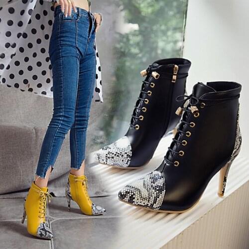 Snake Pattern chelsea boots women shoes zipper&lace up botines mujer 2020 pointed toe stiletto high heels botas plus size 34-45