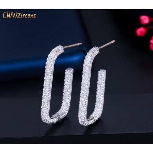 CWWZircons Shiny Pure White Cubic Zircon Micro Pave Geometric Silver Rectangle Hoop Earrings for Women 2021 Trendy Jewelry CZ858