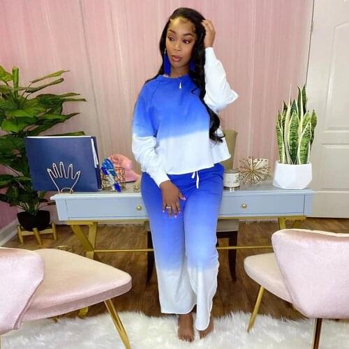 Gradient Loungewear Outfits Two Piece Sets Foe Women Long Sleeve Loose T-shirts+straight Full Trouser Casual Sport Sweatsuit Hot