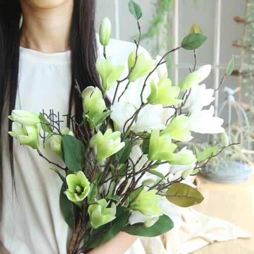 Magnolia Artificial Silk Tea Rose Polyester Flowers 6 Head 3 Small Bud Wedding Home Retro Fake Flower Party DIY Decoration