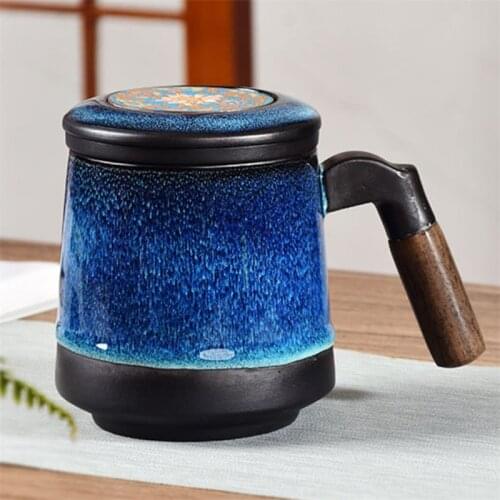 Ceramic Kiln Change Tea Water Separation Cup Filter Drinking Cup with Wood Handle Teacups Strainer Coffee Mug Drinkware 400ML
