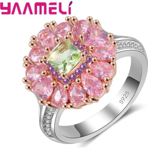 Summer Hot Sale 925 Sterling Silver Finger Ring A++++ Grade Pink Cubic Zircon Stone Flower Pattern Bands Bijoux Bague