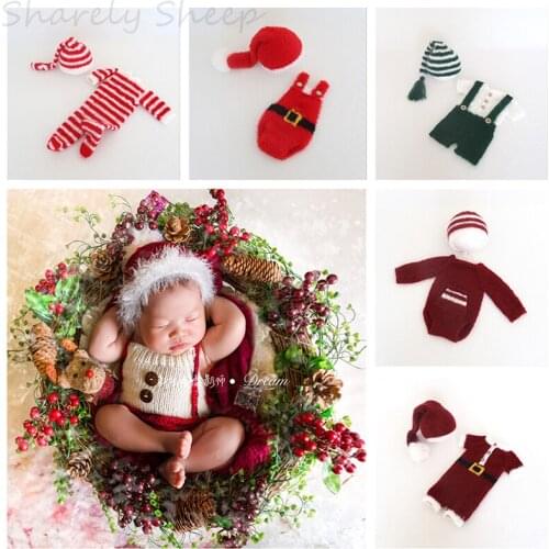 Handmade Mohair Outfits Newborn Christmas Photography Props Infant Baby Boy Girl Xmas Photo Shoot Posing Knit Hat Romper Clothes