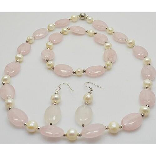Pearl Jewelry Natural Freshwater Pearl Jewelry Set Wedding White Pearl Necklace Bracelet Earring Pink Rose Stone For Women Gift