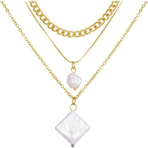 Creative Multi-Layer Womens Gold Necklace Geometric Imitation Pearl Chain Necklace Retro Bohemian Style Jewelry
