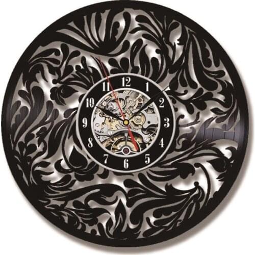 Creative Antique Style 3D Vinyl Record Clock Black Hollow Flower Ornament LED Hanging Wall Clock Gift for Birthdays Wedding