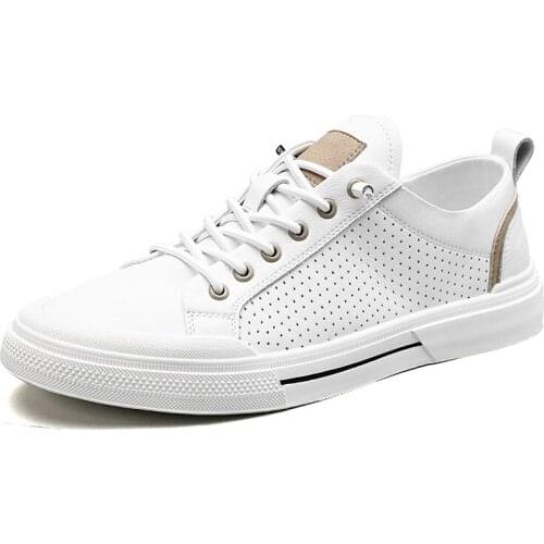 Men Quality Leather Summer Casual Men Shoes Men White Trend Sneakers Hollow Out Breathable Board Shoes Brand Flat Vulcanize Shoe