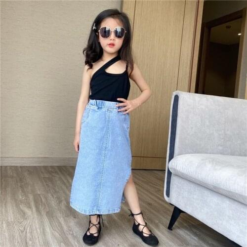 Summer Fashion Kids Clothes Denim Split Skirt Teenagers Girls Costume Vestidos Birthday Party Korean Children Outfits