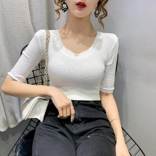 Fashion The New O collar mid-sleeve T-shirt women loose elasticity and thinness solid color thread bottoming shirt tops summer