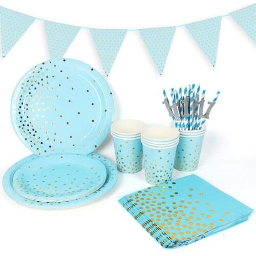 Blue Gold Dot Disposable Tableware Set Paper Cup Paper Plate Table Decor For 1st Birthday Party Baby Shower Decorations Supplies
