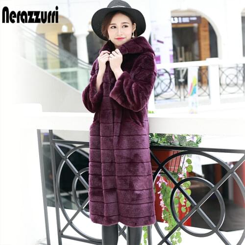 Nerazzurri long faux fur coat women with hood long sleeve purple furry fake fur overcoat striped thick warm winter fluffy coat