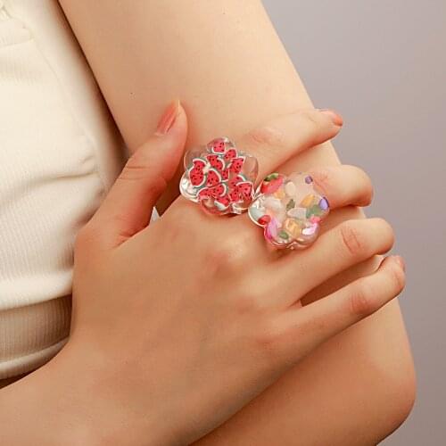 2021 Trend New Resin Transparent Fruit Series Cute Flower Type Ring For Women Fashion Jewelry Party Decoration Gift