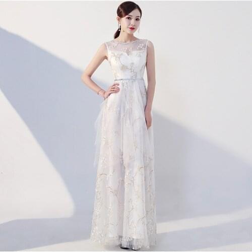 New Embroidery Cheongsam White Evening Dresses Modern See Through Qi Pao Women Chinese Dress Qipao Promotion Oriental Party Gown