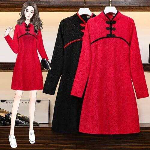 Autumn M-4XL Plus Size Vintage Red Black Lace Chinese Traditional Casual Party Women Long Sleeve Dress Cheongsam Dresses Qipao