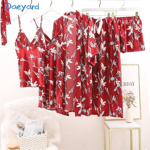 Daeyard Faux Silk 5 PCS Pajama Set Floral Print Robe Gown Set Women Spring Summer Satin Sling Nightwear Casual Home Suit
