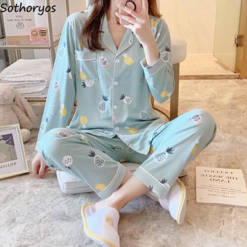 Pajama Sets Women Cartoon Cute Soft Long Sleeve Sleepwear Korean Style Pyjamas Leisure Colorful Loose Pijama Tops Pants Fashion