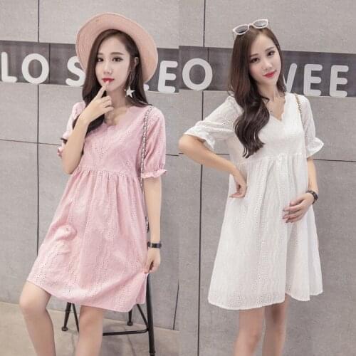 Maternity dress summer fashion dress2018 Fashion New Lace Maternity Dress Hollow cotton long short-sleeved dress