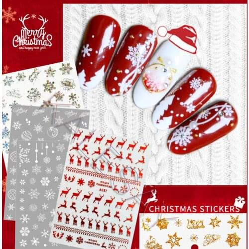 Merry Christmas 3D Nail Art Decals Nail Sticker Manicure Red Laser Gold Silver White Elk Snow Sticker for Nail Design Decoration