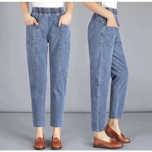 Super Jeans Elastic Mom Denim Pants Plus Size Harem Pants Spring Summer Ankle-Length Pants High Waist Pocket Casual Trousers 4XL