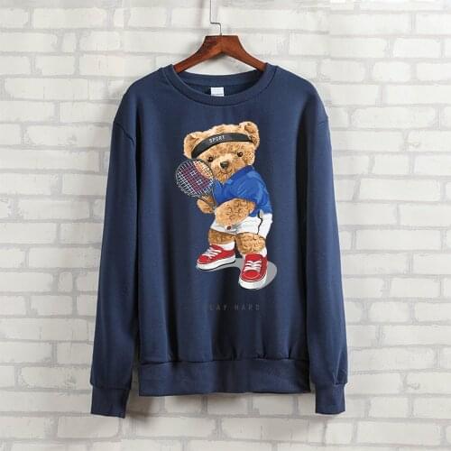 BLINGPAW Teddy Bear Tennis Play Hard Printed Unisex Crewneck Sweatshirt Heavy Blend Crew Neck Loose Long Sleeve Autumn Clothes