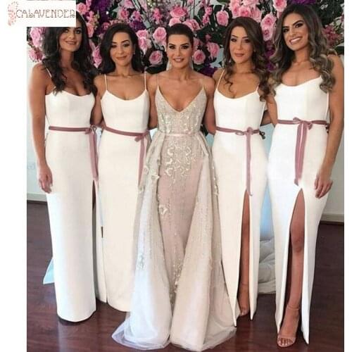 Jersey Sheath White Bridesmaid Dresses Leg Slit Sash Bodice gaun pesta dewasa Maid of Honor Elegant Dress for Wedding Party
