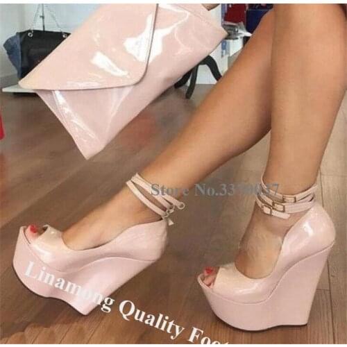 Linamong Sexy Women Peep Toe Patent Leather High Platform Wedges Pumps Nude Black Super High Wedge Heels Formal Dress Shoes