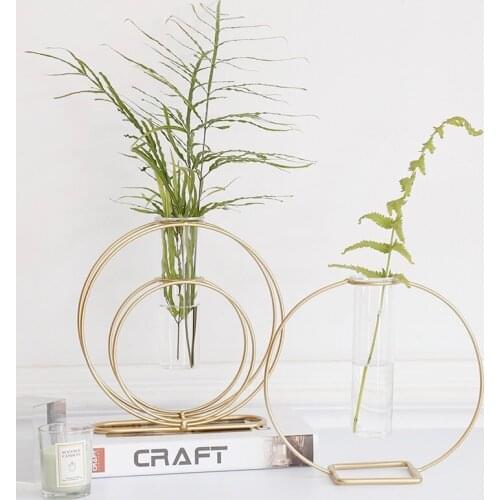 Nordic Wind Vase Decorated With Gold Wrought Iron Transparent Glass Tube Hydroponic Vessels Water Plant Containers Handmade