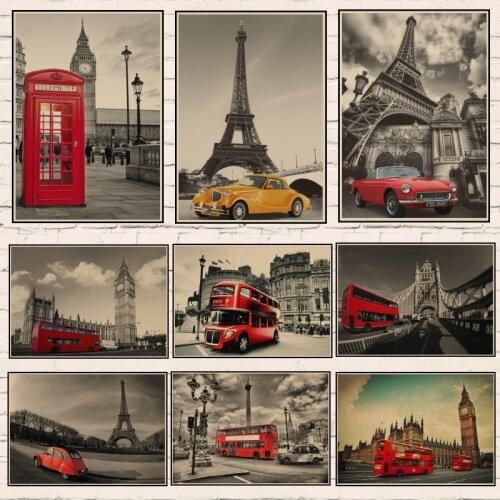 London City /Eiffel Tower/ Paris Street /Bus/ travel Vintage Retro Posters room decor wall stickers house decoration Gift 1006