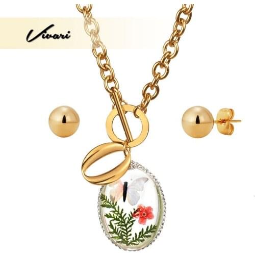Vivari Fake Butterfly Floral Pendant Long Necklace for Women Jewelry Set Animals Steel Balls Earrings Stud Stainless Steel