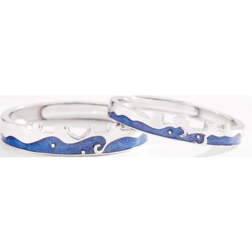 Sole Memory Lovers Romantic Starry Sky Waves Blue Dripping Glaze 925 Sterling Silver Female Resizable Opening Rings SRI592