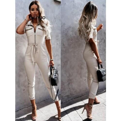 2021 Summer Fashion Romper Overalls Casual Pocket Zipper Cargo Pants Jumpsuit Women Elegant Tie-Up Waist Short Sleeve Playsuits