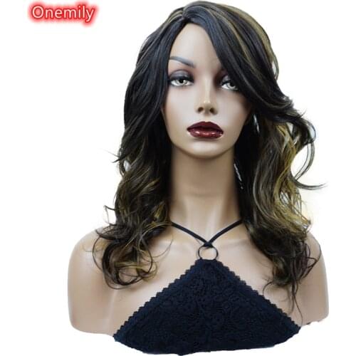 Onemily 18 Inch Dark Brown Strawberry Blonde Mixed Synthetic Natural Hair Long Wavy Women Fashion Wig