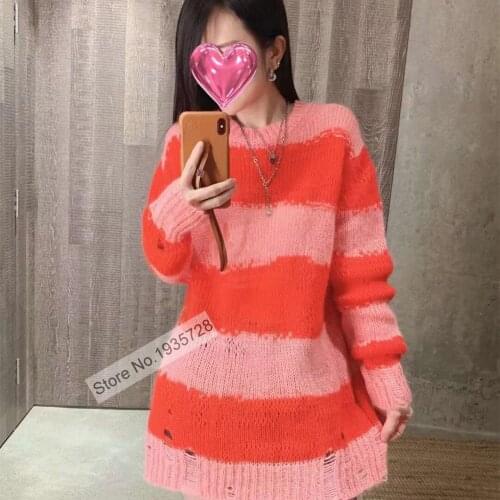 Ladies Long Sleece Ripped Hole Knitted Round Neck Contrast Striped Sweater Pullover Top