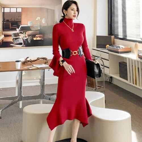 2021 Korean Winter Womens Turtleneck Knitted Dresse Flared sleeves Elegant Simple Bottoming Mermaid Dress Vestidos