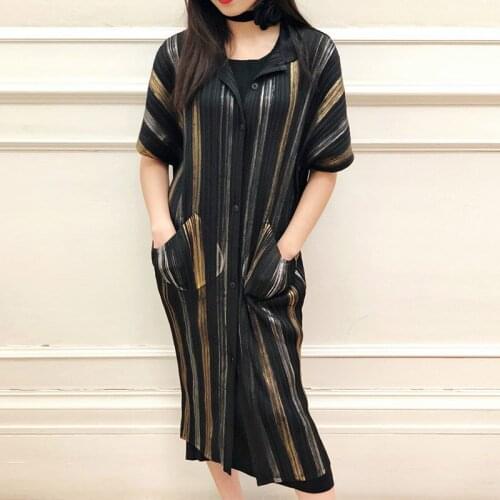 Nice Spring Vintage Dress Striped Button Dress Womens Temperament Long A-line Dress Bat Sleeve Pockets indie clothes