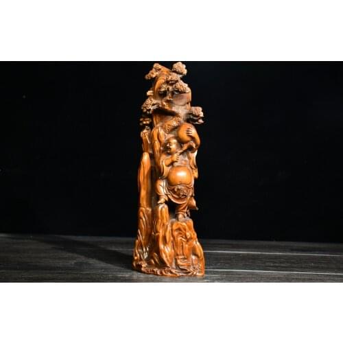 10" China Lucky Old Boxwood Hand-carved Maitreya statue Peach Welcome Song Standing Buddha Enshrine the Buddha