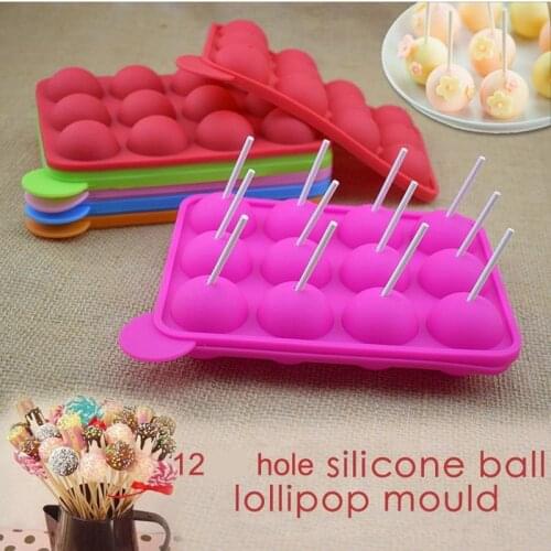 12 Holes Round Ball Lollipop Mold Silicone Cake Mold Non-stick Dome Chocolate Mould With Sticks for Candy Ice Cubes DIY Maker