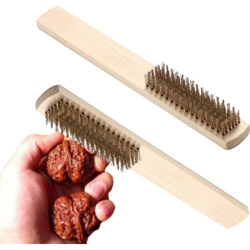 205*25*8mm Wooden Handle Copper Wire Brush Stainless Steel Wire Brush Grinding Rust Cleaning Brush Walnut Handle Brush JU0212
