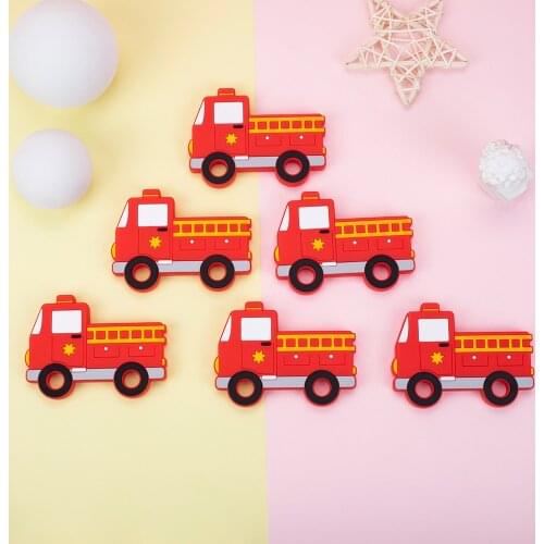 Sunrony 5pcs Cartoon Fire truck Pattern Baby Teething Necklace Materials Food Grade Silicone Teether BPA Free for Baby Gift Toy