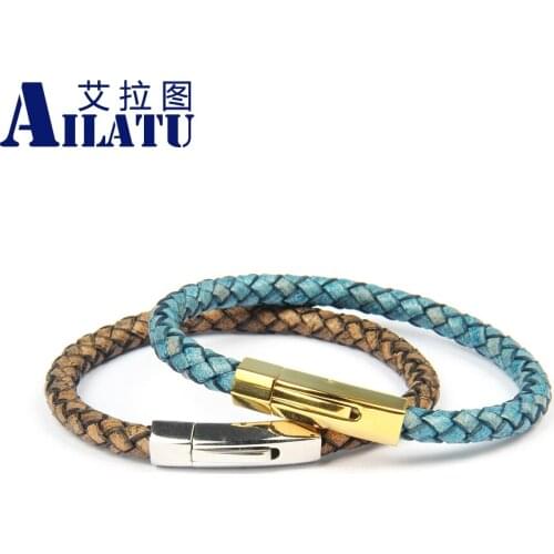Ailatu Vintage Genuine Leather Magnetic Hexagon Buckle Bracelet For Men Male Stainless Steel Jewelry Best Gift