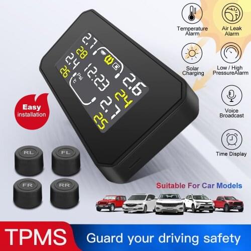 4PCS Sensors Wireless Car TPMS Tire Pressure Monitor 6.0 Bar LCD Display Real-Time Type Temperature Monitoring USB Solar Charge