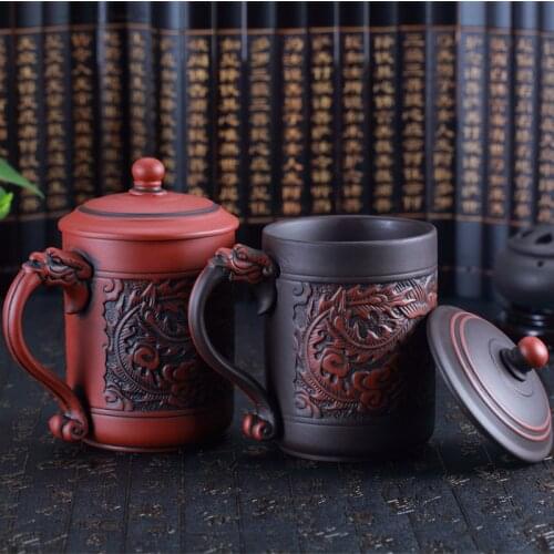China Style 500ml Purple Clay Large Tea Cups Classical Ceramic Double Color Embossed Dragon And Phoenix Cup