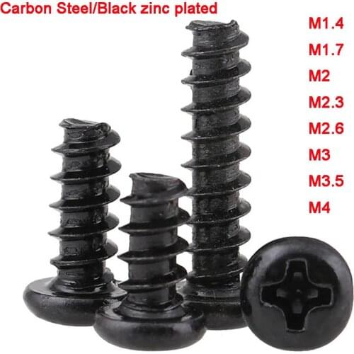Black PB Mini Electronic Screw Philips Cross Pan Head Flat Tail Self Tapping Screws M1.4 M1.7 M2 M2.3 M2.6 M3 M3.5 M4