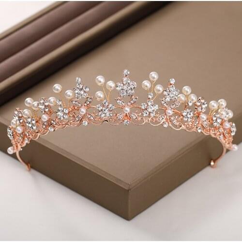 Elegent Rose Gold Diadem Vintage Crystal Tiaras And Crowns Handmade Pearl Wedding Hair Jewelry For Women Bridal Jewelry