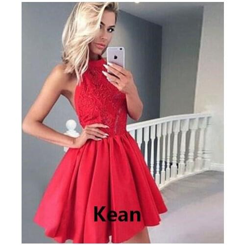 Red Homecoming Dresses Halter Backless A-line Sleeveless Short Mini Tulle Satin Tiered Elegant Cocktail Dresses