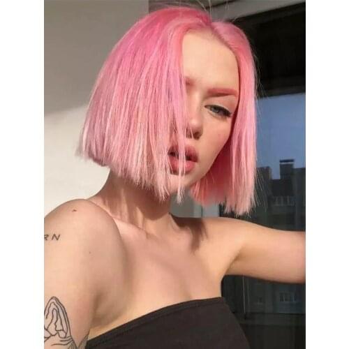 Gradual Pink Kawaii Lolita Wig Harajuku Sakura Cool Short Middle Part Straight Hair Adult Chic Girls Women Cosplay Daily Wear