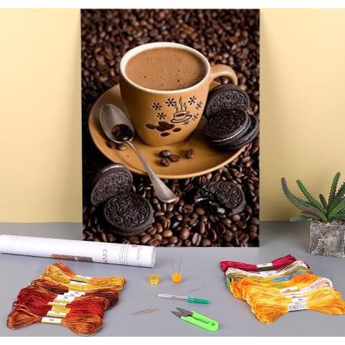 Coffee Cup Flowers Kitchen Pre-Printed 11CT Cross-Stitch Kit Embroidery DMC Threads Handicraft Craft Sewing Hobby Floss Design